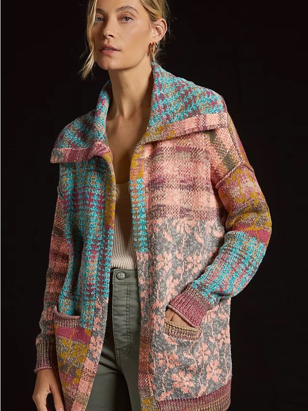 Daily Practice Multicolor Patchwork Knit Cardigan Jacket - Pink/Blue